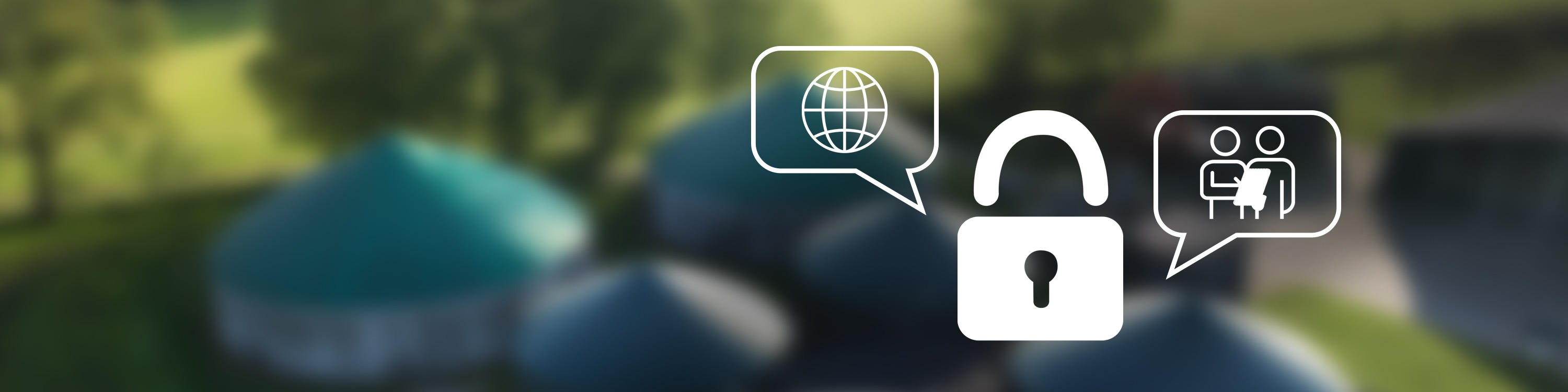 Biogasanlage im Hintergrund - Grafik Schloß Weltkugel und Personen im Gespräch als Icon Biogasanlage im Hintergrund - Grafik Schloß Weltkugel und Personen im Gespräch als Icon