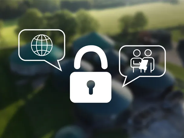 Biogasanlage im Hintergrund - Grafik Schloß Weltkugel und Personen im Gespräch als Icon