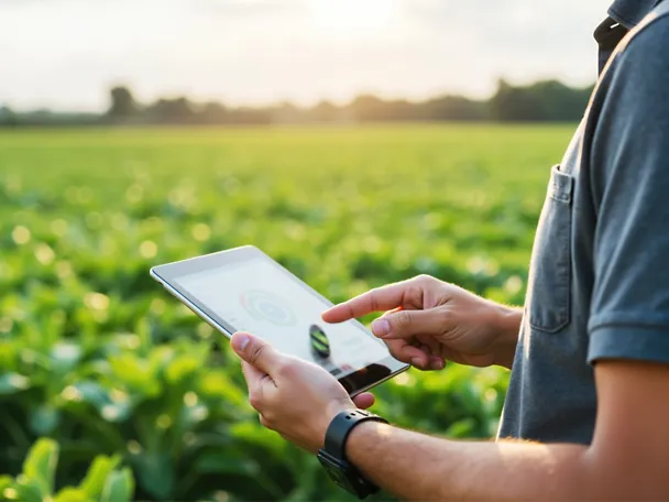 Tablet wird auf einem Feld von einem Mann bedient Tablet wird auf einem Feld von einem Mann bedient